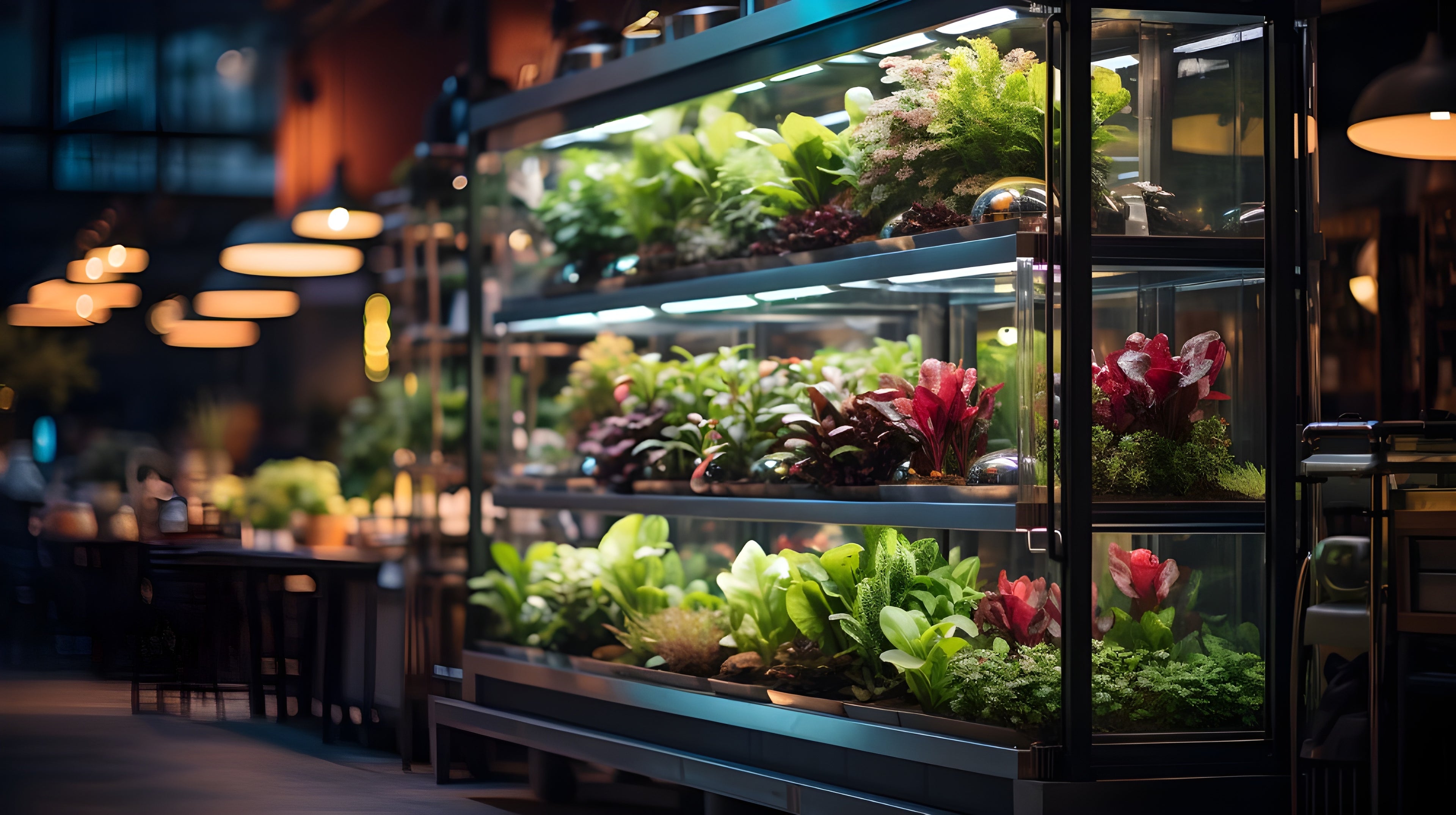 Bewachsener indoor Garten mit Kräutern und Salat