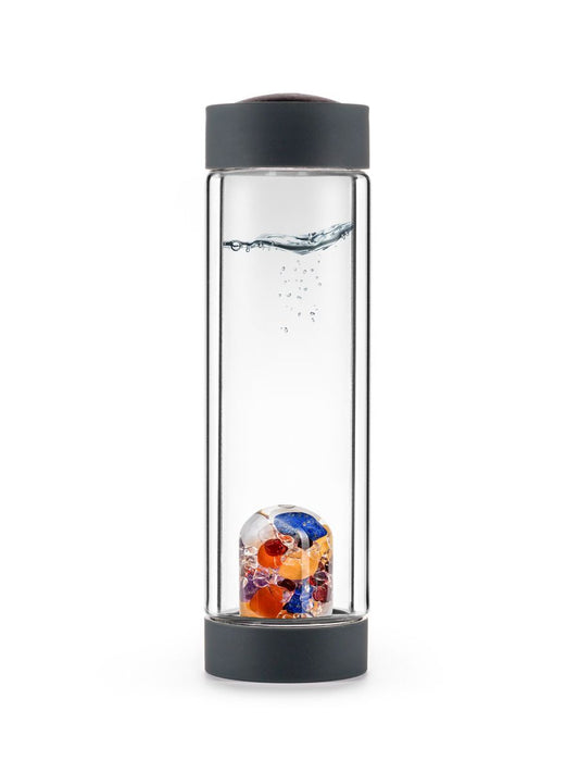 Edelsteinmodul in Trinkflasche Ayurveda mit grauschwarzem Deckel
